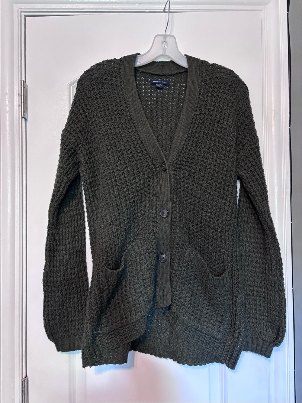 American Eagle Olive Green Waffle-Knit Button Cardigan Sweater Size Small